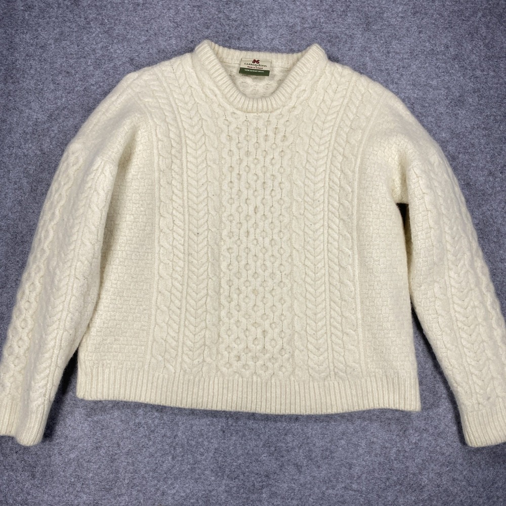 Carraig Donn Aran Irish Fisherman Cable Knit Wool Sweater Cream L